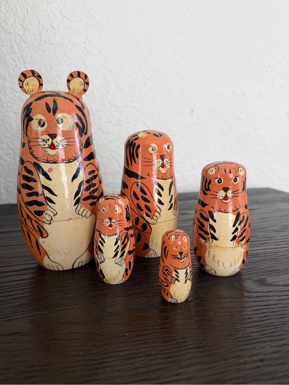 Hand-Painted Orange Tiger Wooden matryoshka Nesting Doll - 5 dolls